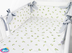 5 el.Pościel do łóżeczka 120x90 dwustronna "KOKARDKA" (zielone gałązki +popiel gładki)