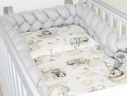 3 el.Pościel do łóżeczka 120x90 "Nature&Flowers" (słoniki z tęczą +popielaty warkocz)