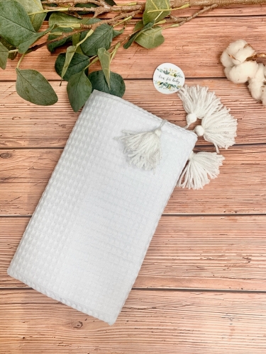 Koc wafelek bawełniany pompony 100x75 (white with white)