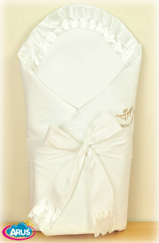 Rożek becik usztywniony do chrztu (złoty haft z atłasową falbanką)