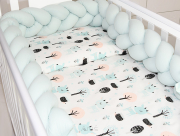 5 el.Pościel do łóżeczka 120x90 "Nature&Flowers" (miętowe jelonki +miętowy warkocz)