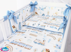 5 el.Pościel do łóżeczka 120x90 dwustronna "KOKARDKA" (ciuchcia brązowa +niebieski gładki)