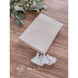 Koc wafelek bawełniany pompony 100x75 (beige with white)