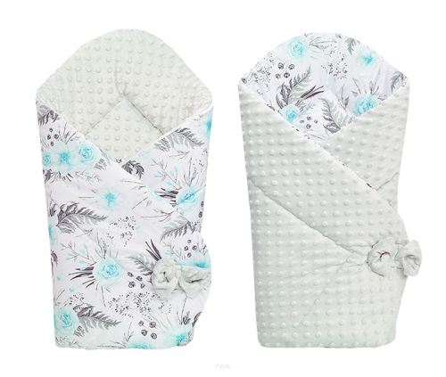 Rożek becik niemowlęcy dwustronny MINKY (popiel+mietowe kwiaty)