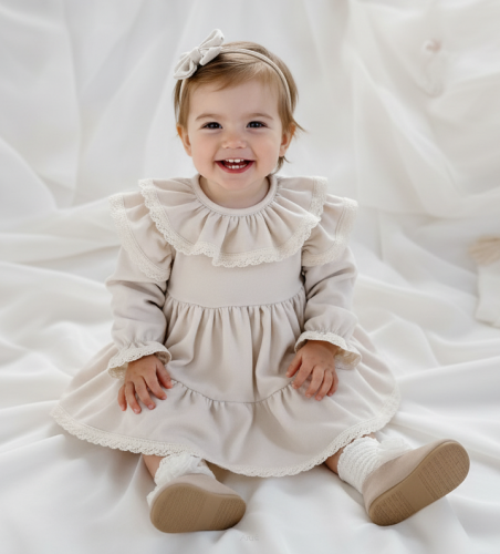 Sukienka z falbankami i koronką jesienno/zimowa (vanilla and cream beżowa)