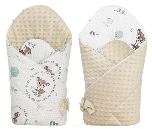 Rożek becik niemowlęcy dwustronny MINKY (beżowy +wianuszki zielone)