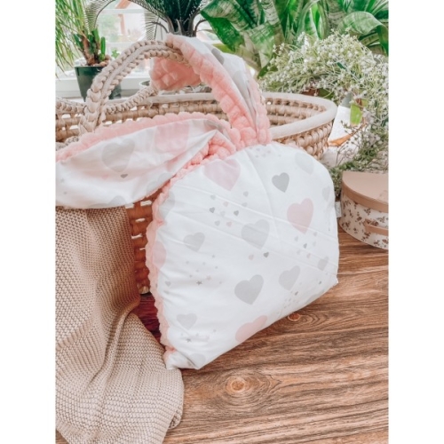 Poduszka przytulanka ZAJACZEK (minky różowy + róż popiel serca)