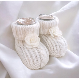 SWETERKOWE SKARPETKI/ BUCIKI O WARKOCZOWYM SPLOCIE ŚMIETANKOWE z śmietankowym kwiatuszkiem