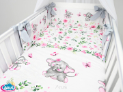 5 el.Pościel do łóżeczka 120x90 dwustronna "KOKARDKA" (słoniki w ogrodzie +popiel gładki)