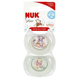 NUK SMOCZEK SILIKONOWY STAR 6-18 2SZT PUDEŁKO Kubuś puchatek miętowe