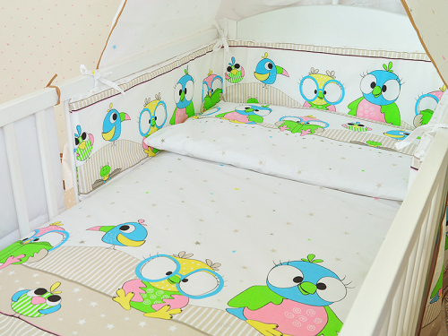 ARUŚ 2 el. pościel do łóżeczka 120*90 (21-bezowe sowy NOWE)