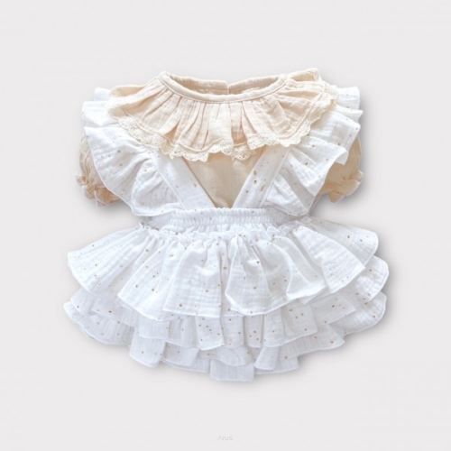 Komplet Spódniczka ogrodniczka w złote kropki +koszula z bufką waniliowy beż