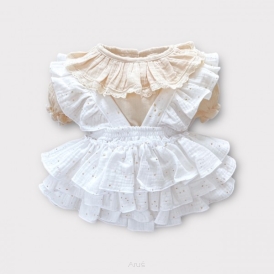 Komplet Spódniczka ogrodniczka w złote kropki +koszula z bufką waniliowy beż