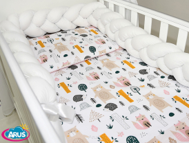 5 el.Pościel do łóżeczka 120x90 "Nature&Flowers" (niedźwiadki +biały warkocz)