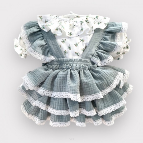 Komplet Spódniczka ogrodniczka z koronką +koszula z bufkami (fairy mint)