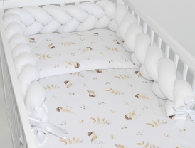 5 el.Pościel do łóżeczka 120x90 "Nature&Flowers" (wróbelki +biały warkocz)