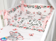 3 el.Pościel do łóżeczka 120x90 dwustronna "KOKARDKA" (słoniki brzoskwiniowe +róz pudrowy)