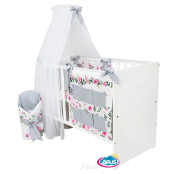 10 el.Pościel do łóżeczka 120x90 dwustronna "KOKARDKA" (słoniki w ogrodzie +popiel gladki