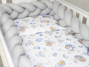 3 el.Pościel do łóżeczka 120x90 "Nature&Flowers" (niebieskie misie na chmurce +popielaty warkocz)