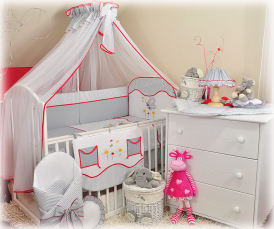 14 el.Pościel do łóżeczka 120x90 z moskitierą "PASKI" (motylek)