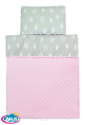 Pościel do wózka / kołyski MINKY (jasny róż+białe korony na popiel tle)