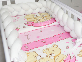 5 el.Pościel do łóżeczka 120x90 "Nature&Flowers" (różowe misie sweet +biały warkocz)