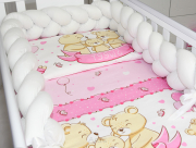 3 el.Pościel do łóżeczka 120x90 "Nature&Flowers" (różowe misie sweet +biały warkocz)