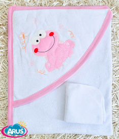 Okrycie kapielowe ręcznik + myjka 80x90 (biały z różową żabką)