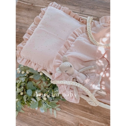 Pościel do wózka / kołyski / kosza mojżesza muślinowa (brzoskwinia +kropki złote)