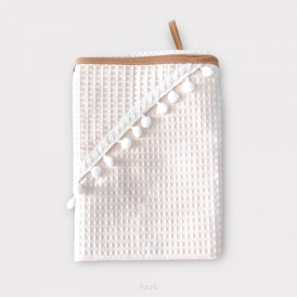 OKRYCIE KĄPIELOWE BAWEŁNIANE WAFELEK 100X100 Z POMPONAMI BEŻOWE