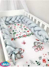 3 el.Pościel do łóżeczka 120x90 "Nature&Flowers" (czerwone słoniki w ogrodzie +popielaty warkocz)