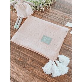 Koc kocyk muślinowy Eco Dots 100x75 (peach +białe chwosty)