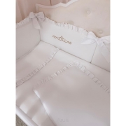 5 el. Pościel do łóżeczka z falbanką 120x90 biała ze złotym