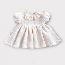 Sukienka muślinowa z krótkim rękawem Bufka Kołnierzyk haftowany (Latte)