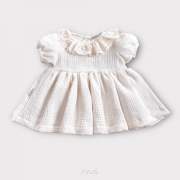 Sukienka muślinowa z krótkim rękawem Bufka Kołnierzyk haftowany (Latte)