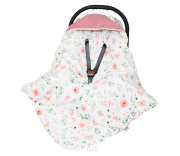 Otulacz śpiworek 100x100 z kapturkiem do fotelika velvet/bawełna (różowy +eucaliptus)