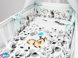 5 el.Pościel do łóżeczka 120x90 dwustronna "KOKARDKA" (sarenka popielata +mięta)