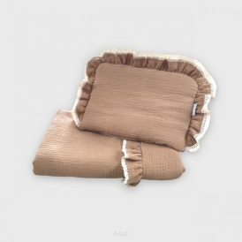 Pościel z wypełnieniem do wózka / kołyski / kosza mojżesza muślinowa z koronką (toffi)