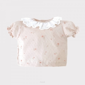 Koszula bawełniana plumetti z bufką i kołnierzykiem haftowanym białym  (tinkerbell beżowa)