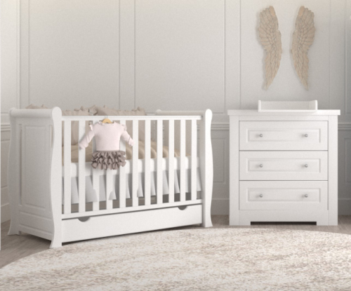 Zestaw mebli SOPHIE 2 biały : łóżeczko z szufladą + komoda z przewijakiem