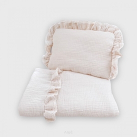 Pościel z wypełnieniem do wózka / kołyski / kosza mojżesza muślinowa z koronką (waniliowy beż)