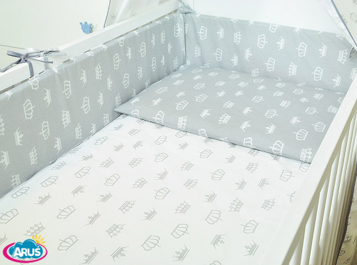 ARUŚ 3 el. pościel do łóżeczka 120*90 (123-popielate korony na bialym tle)