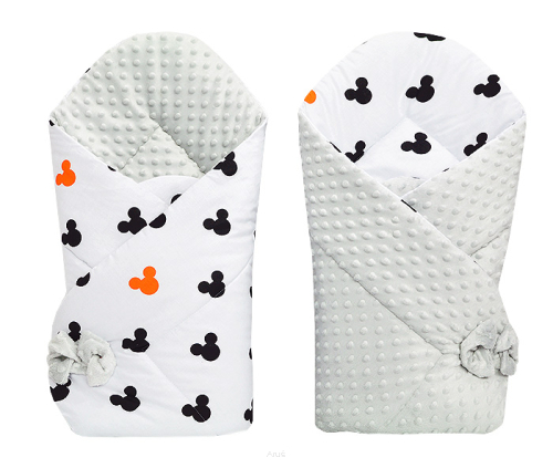 Rożek becik niemowlęcy dwustronny MINKY (popiel+duże myszki na białym)