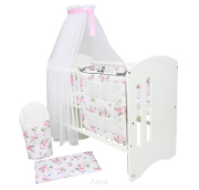 4 el.Pościel do łóżeczka 120x90 "DWUSTRONNA" białe kwiaty + popiel kropki