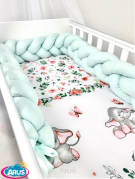 3 el.Pościel do łóżeczka 120x90 "Nature&Flowers" (brzoskwiniowe słoniki +miętowy warkocz)
