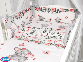 5 el.Pościel do łóżeczka 120x90 dwustronna "KOKARDKA" (słoniki brzoskwiniowe +popiel)