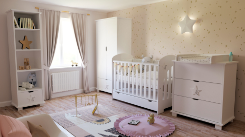 Zestaw GWIAZDKA 4 BIAŁA : łóżeczko z szufladą/ tapczanik+ komoda z przewijakiem+ szafa+regał