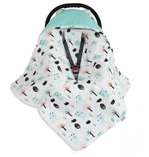 Otulacz śpiworek 90x90 z kapturkiem do fotelika velvet/bawełna (mięta +jelonki miętowe)
