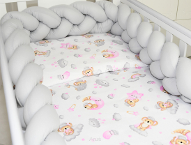 5 el.Pościel do łóżeczka 120x90 "Nature&Flowers" (różowe misie na chmurce +popielaty warkocz)