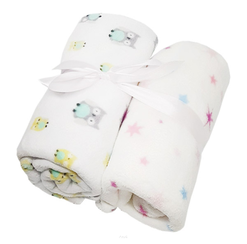 Koc kocyk z mikrofibry 2szt (białe sowy+kolorowe gwiazdki)